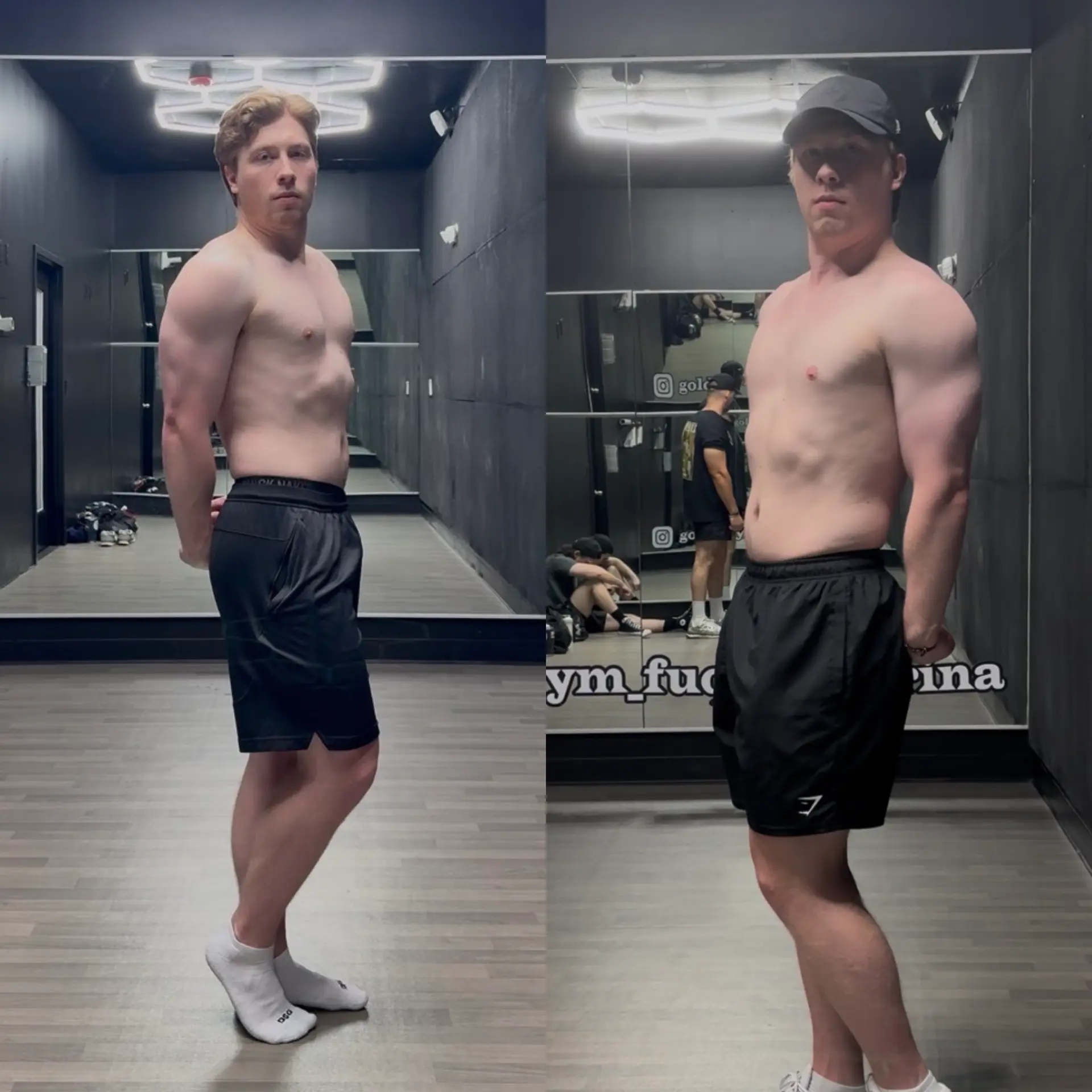 Male client side profile before and after leaning out in the gym
