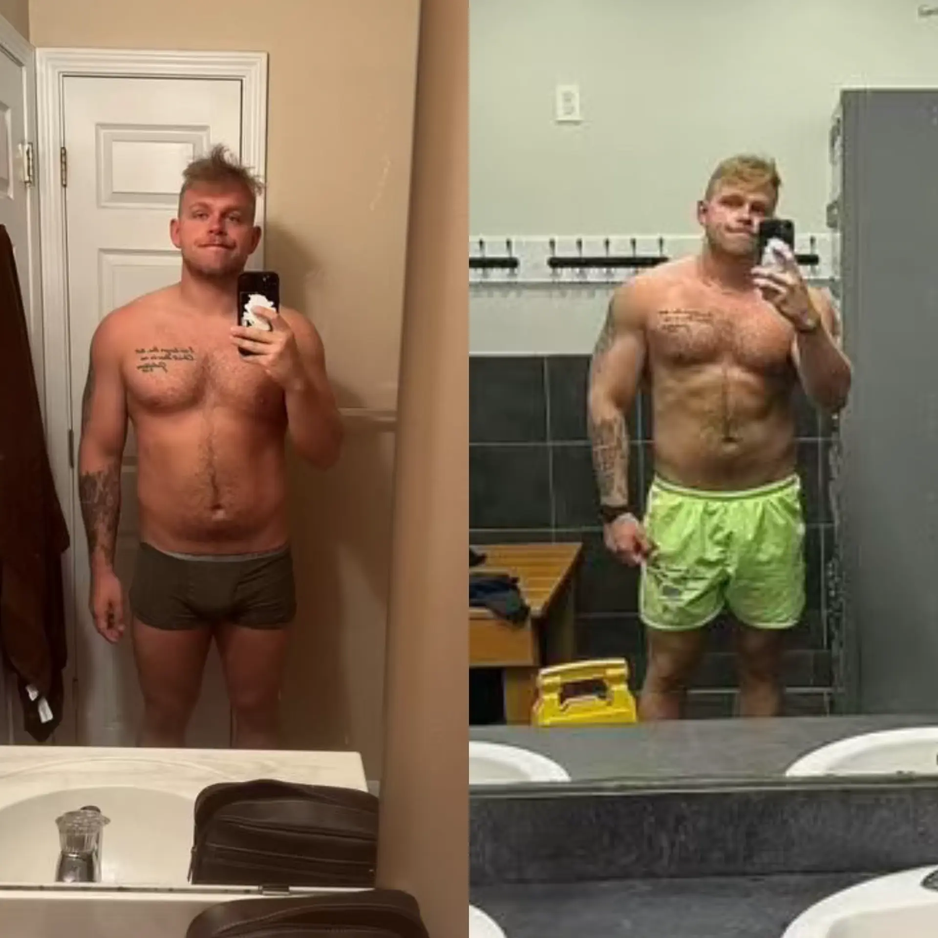 Male client bathroom mirror before and after fat loss transformation