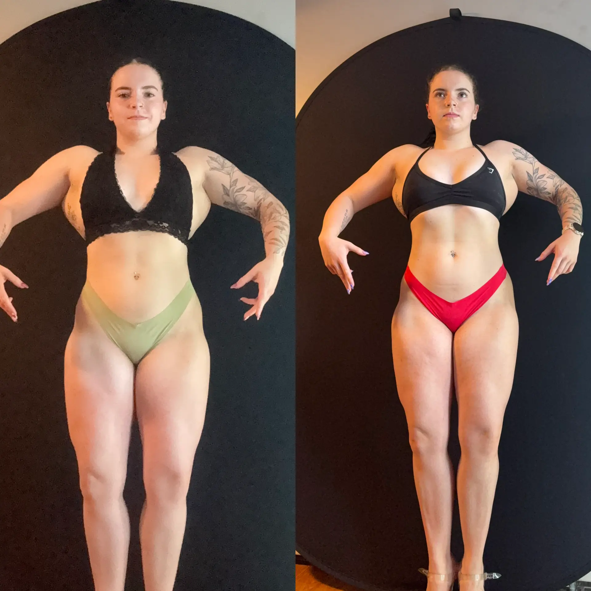 Female client bikini before and after fat loss and muscle-building results