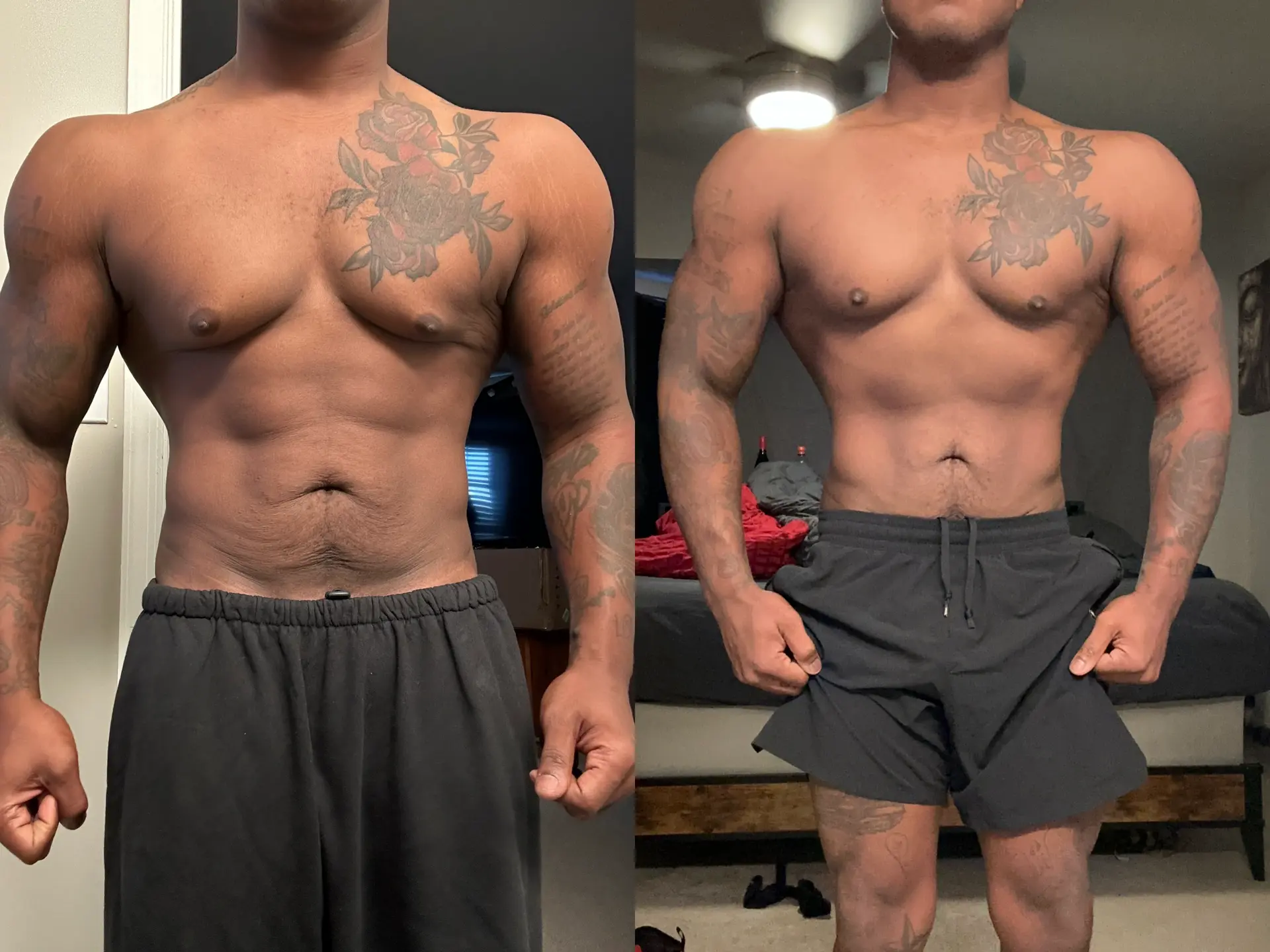 Male client with chest tattoo before and after cutting body fat