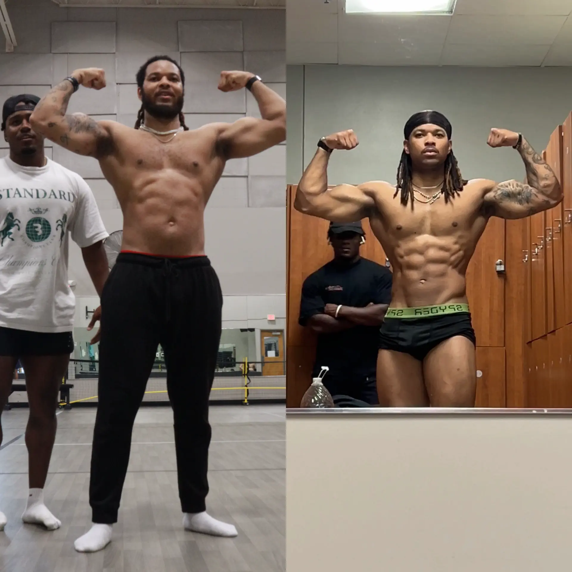 Male client front double biceps before and after a serious cut