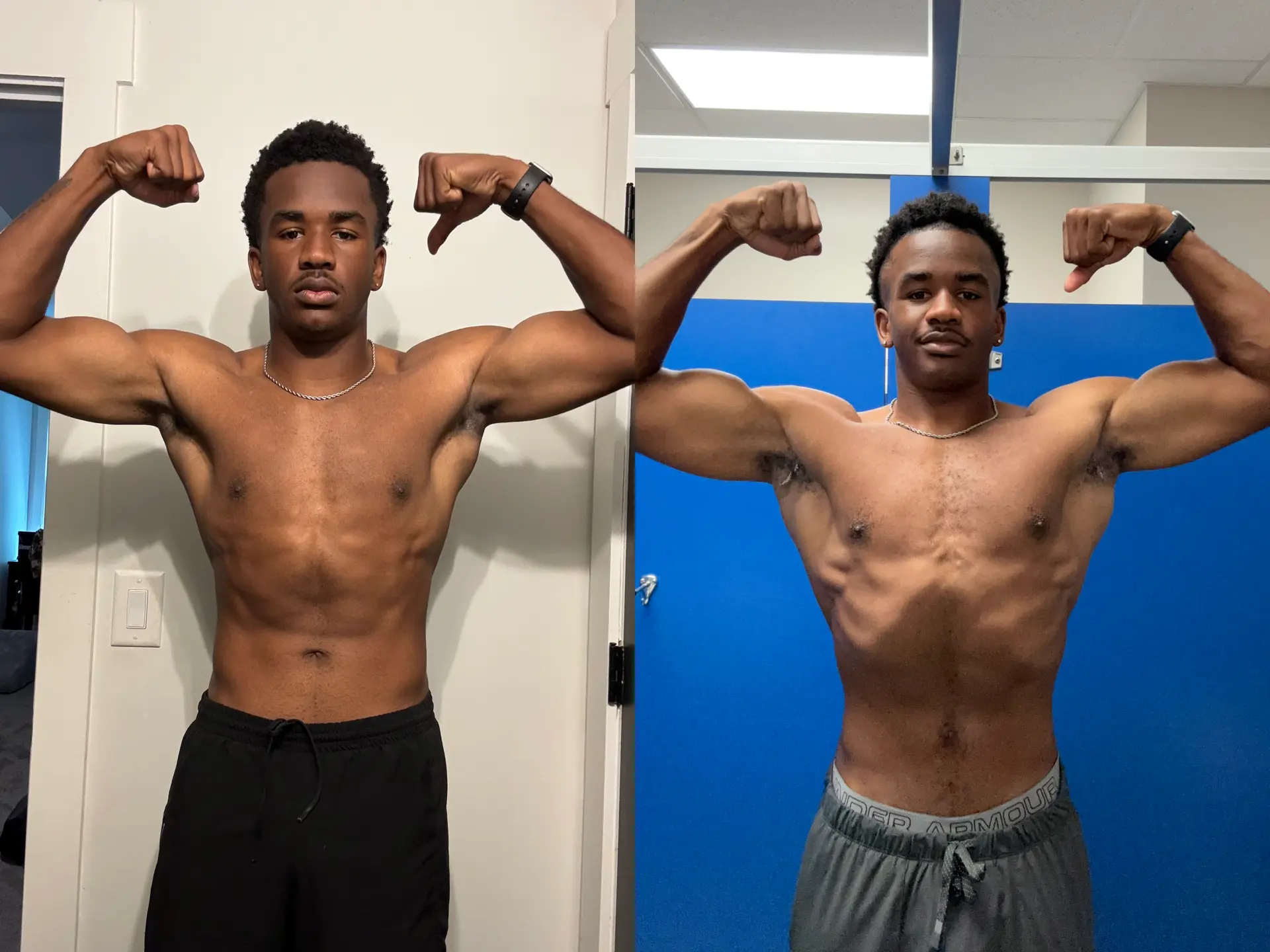 Male client front double biceps before and after building muscle