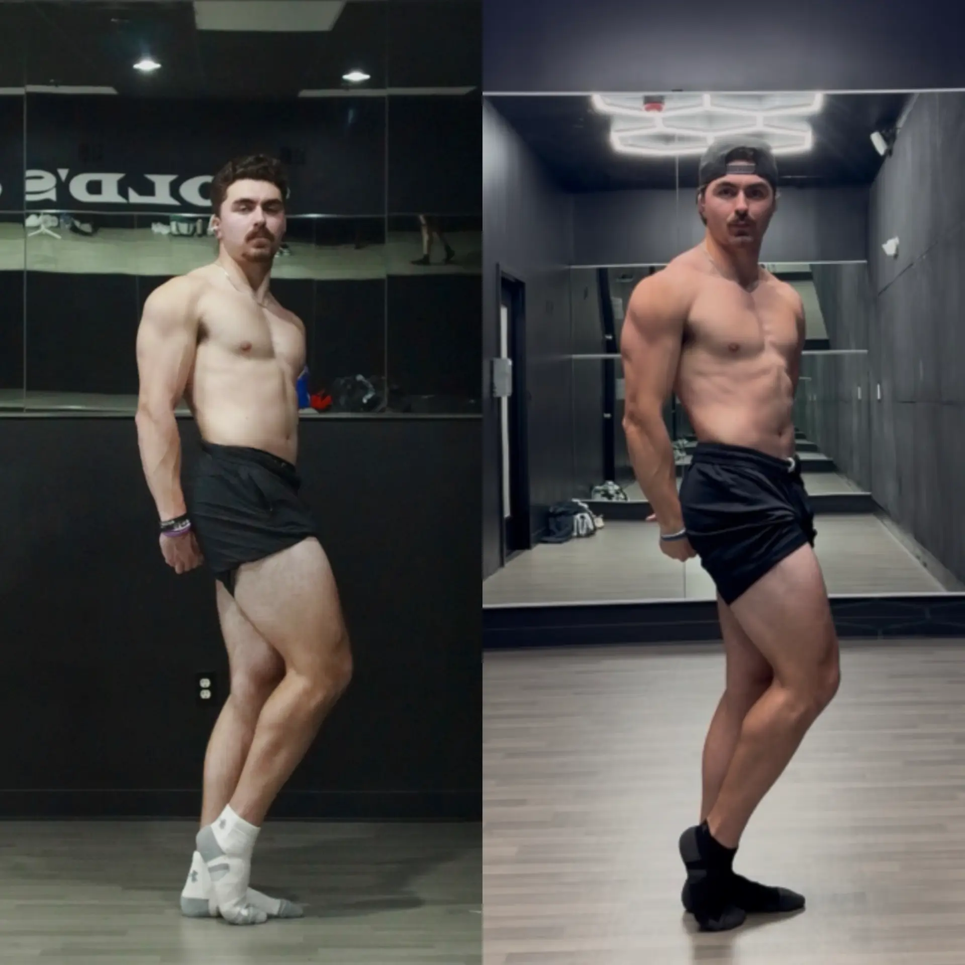 Male client side chest pose before and after adding muscle