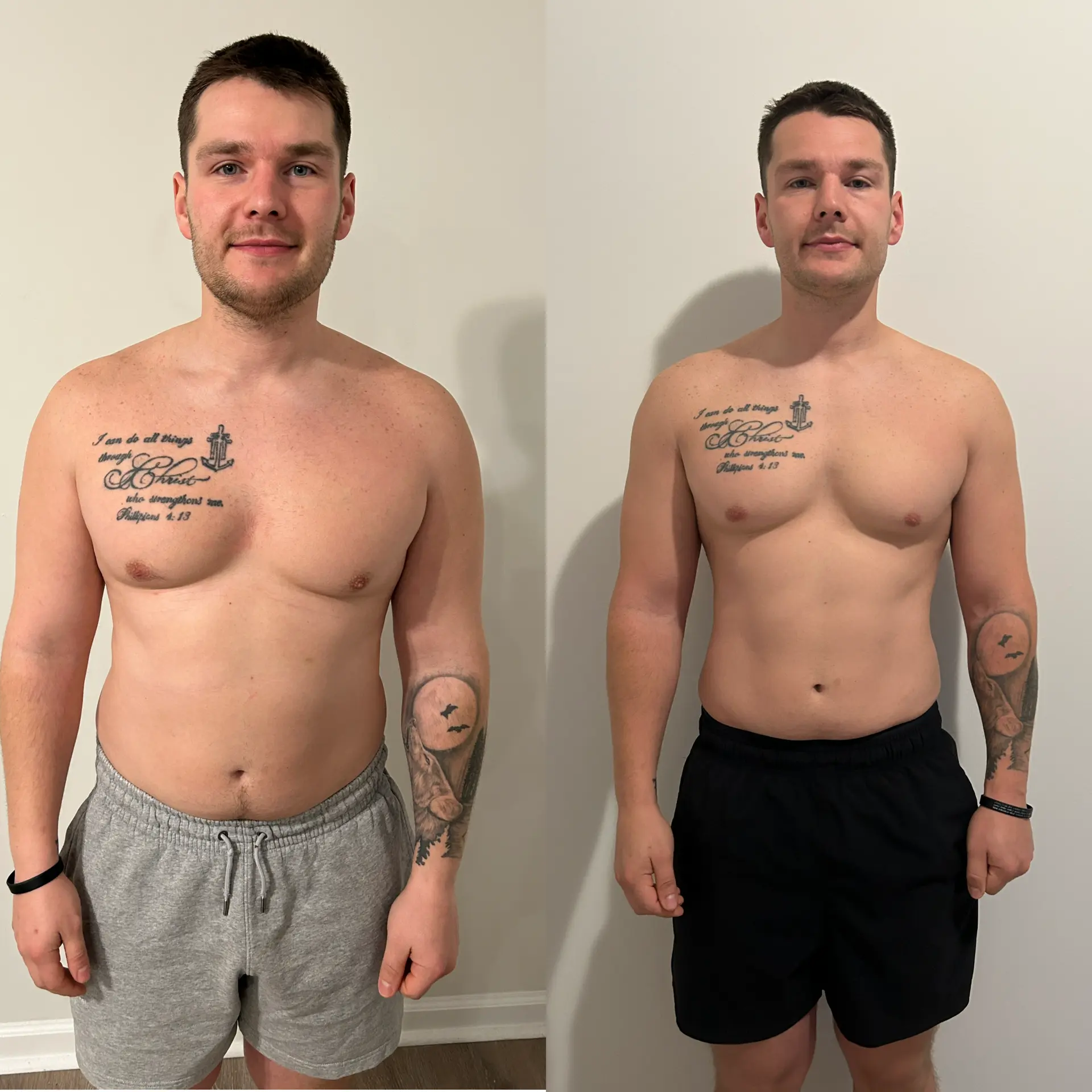 Male client chest and shoulder transformation, before and after