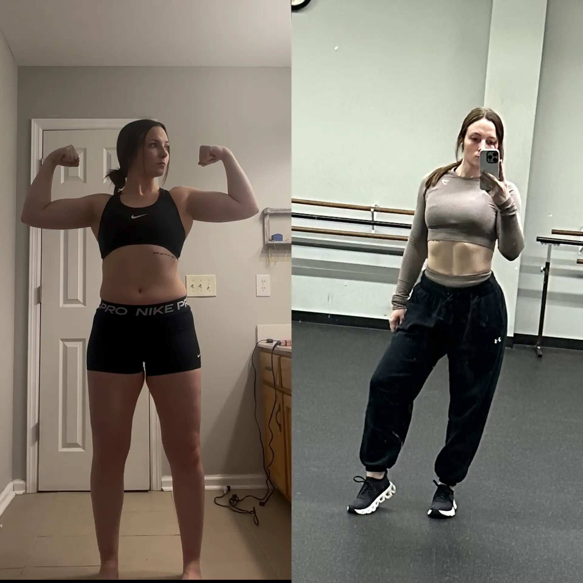 Female client front double biceps before and after progress