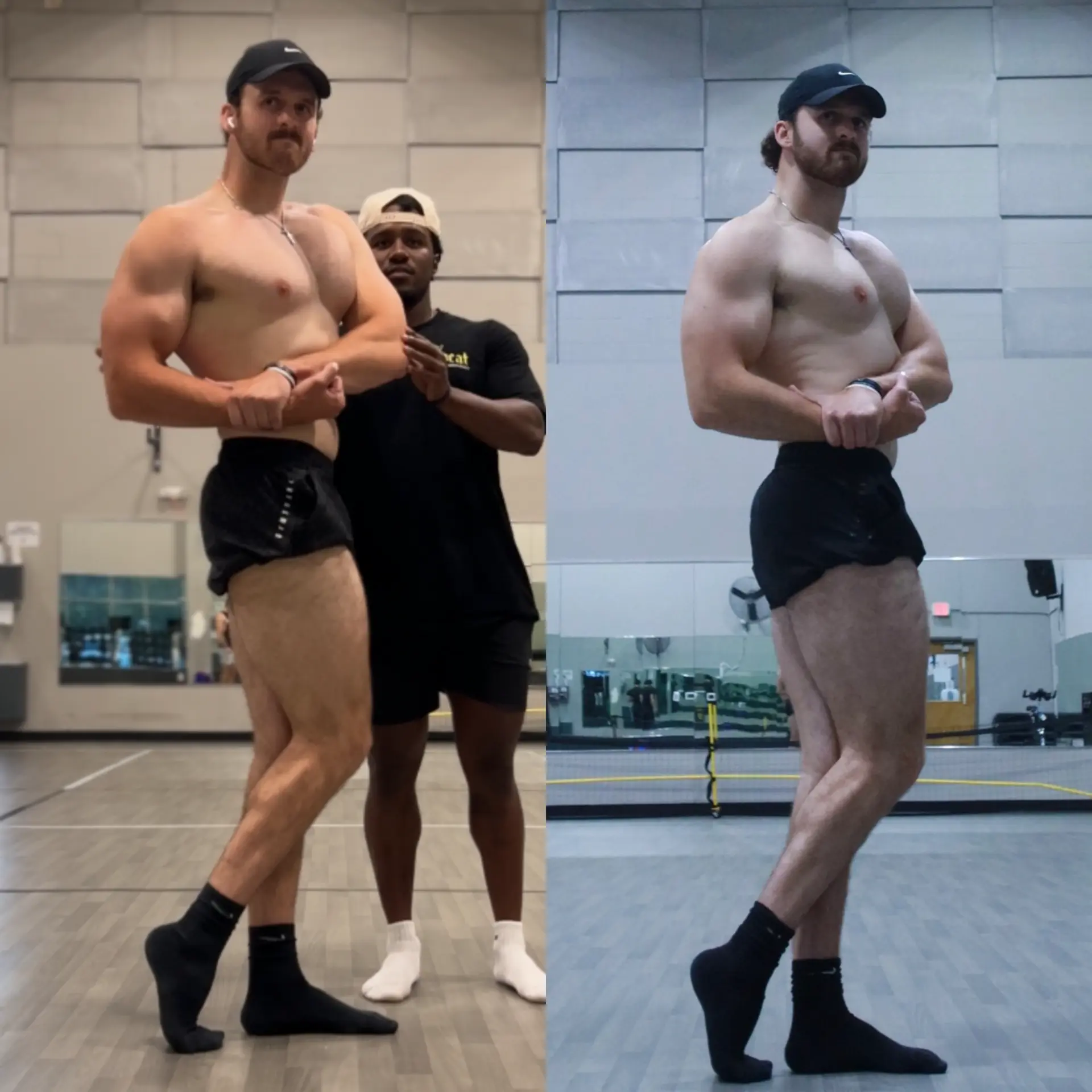 Male client posing practice before and after contest prep results