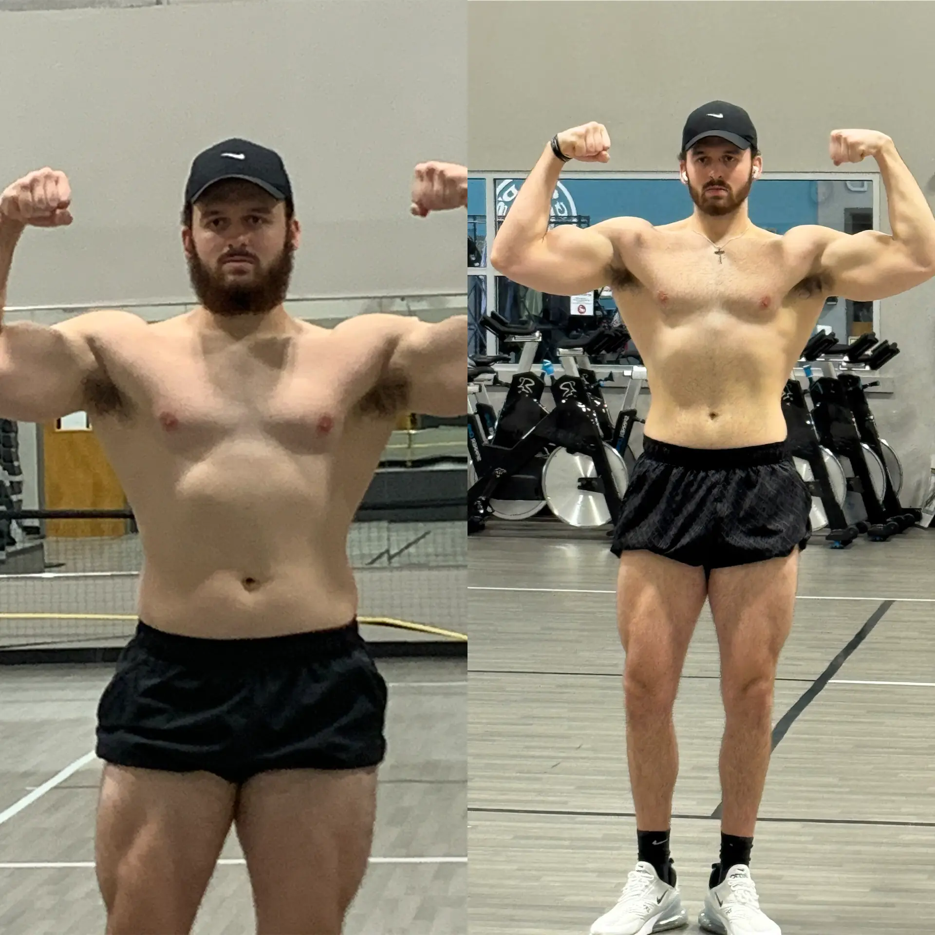 Male client front double biceps before and after cutting