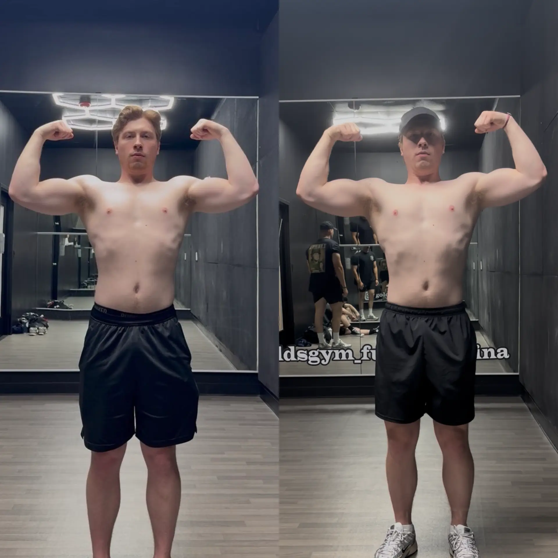 Male client front double biceps before and after progress