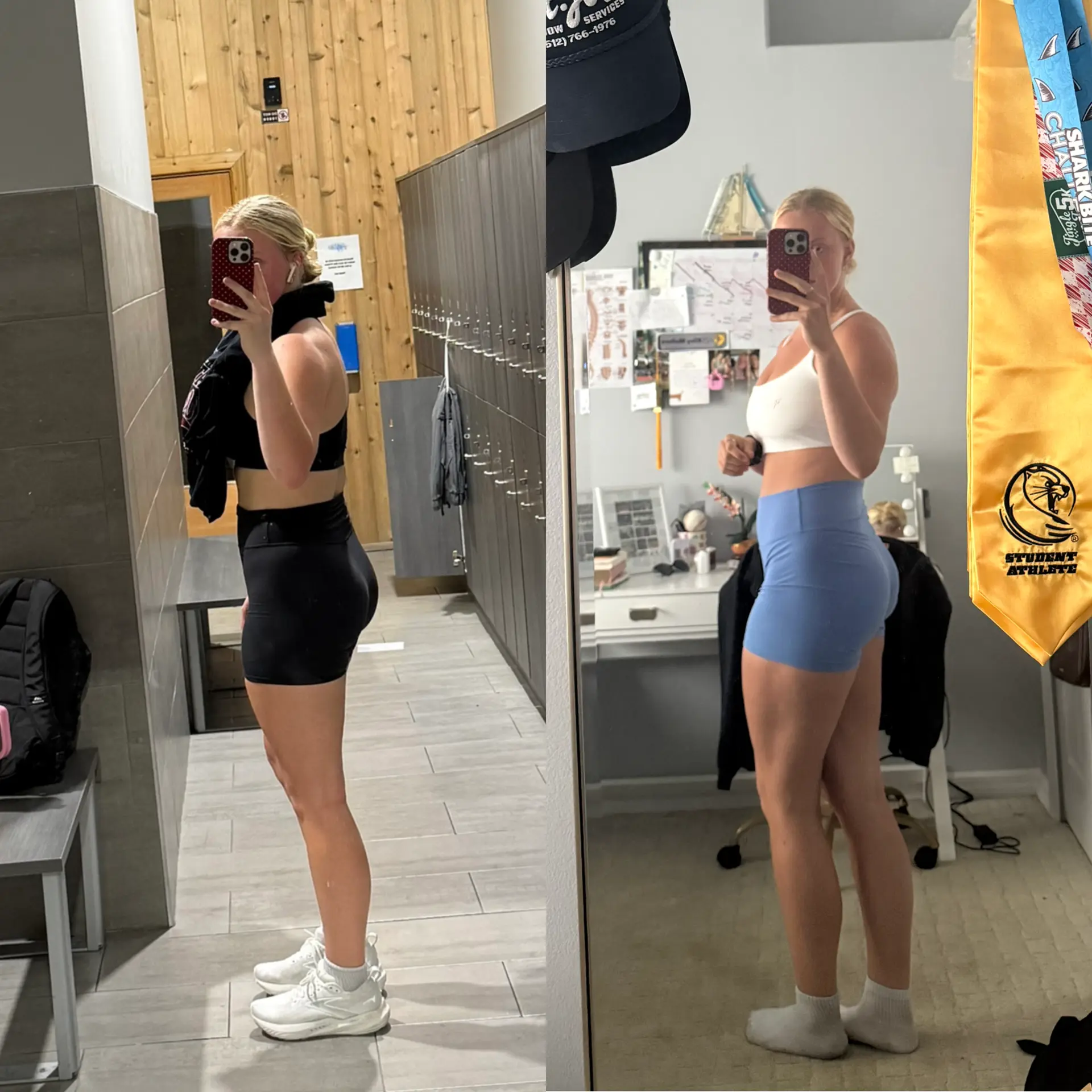 Female client side profile before and after muscle-building results